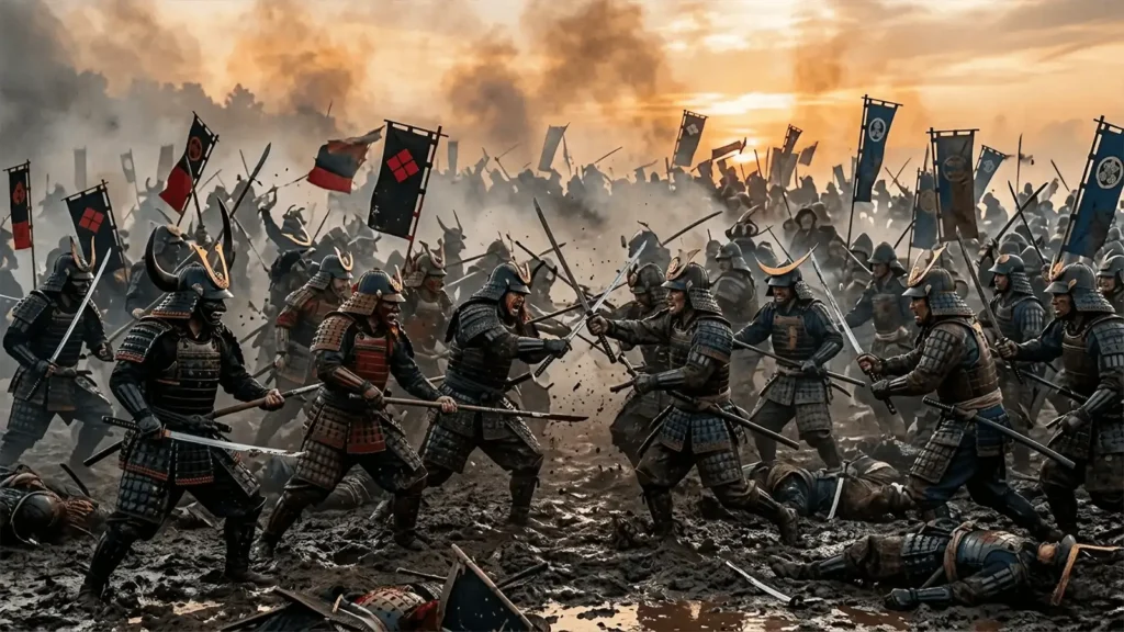 Massive cinematic battle between ancient samurai warriors on a misty field, illustrating the origins of Jiu Jitsu techniques.