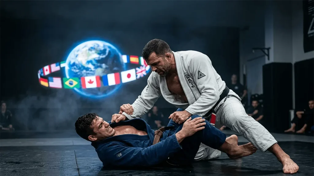 Two Brazilian Jiu Jitsu athletes grappling on the mats with a glowing globe and international flags in the background, symbolizing the global reach of BJJ.