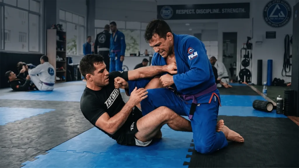 Brazilian Jiu Jitsu athletes practicing grappling techniques in a gym, representing discipline, consistency, and long-term growth